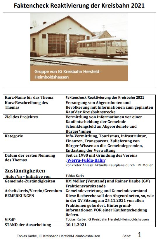 Der Faktencheck liefert eine Bestandsaufnahme der ehem. Kreisbahnstrecke und bildet eine erste Grundlage für eine Bestimmung des Investitions-Volumens zur Reaktivierung